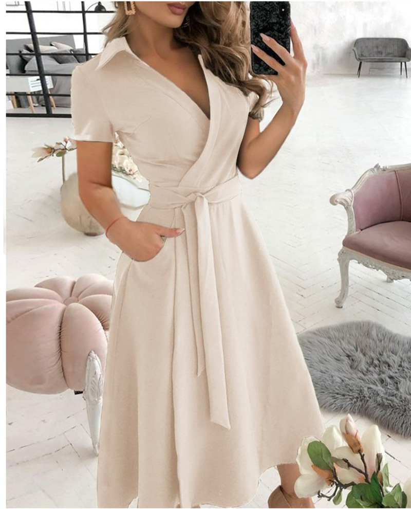Wrap Dress Work - Robe mi-longue à manches courtes pour