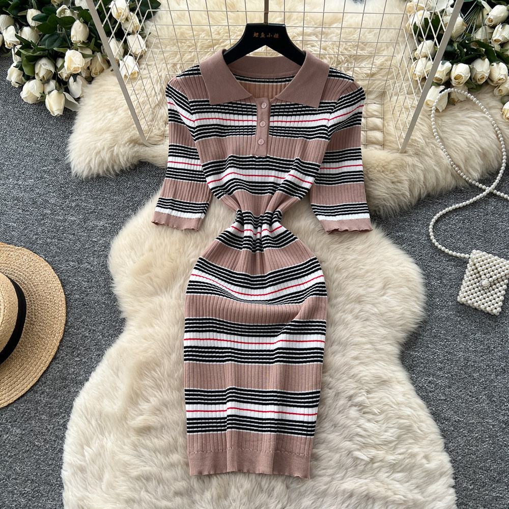 Wrap Dress Work - Robe mi-longue pour femme, rayée, style