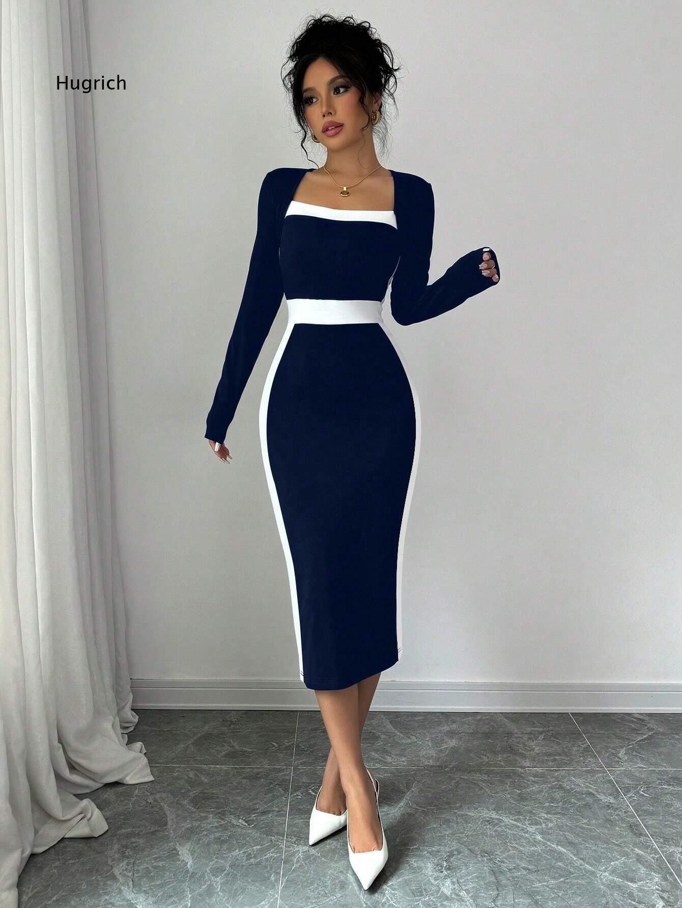 Women Formal Event Wear - Robe moulante mi-longue à col carré